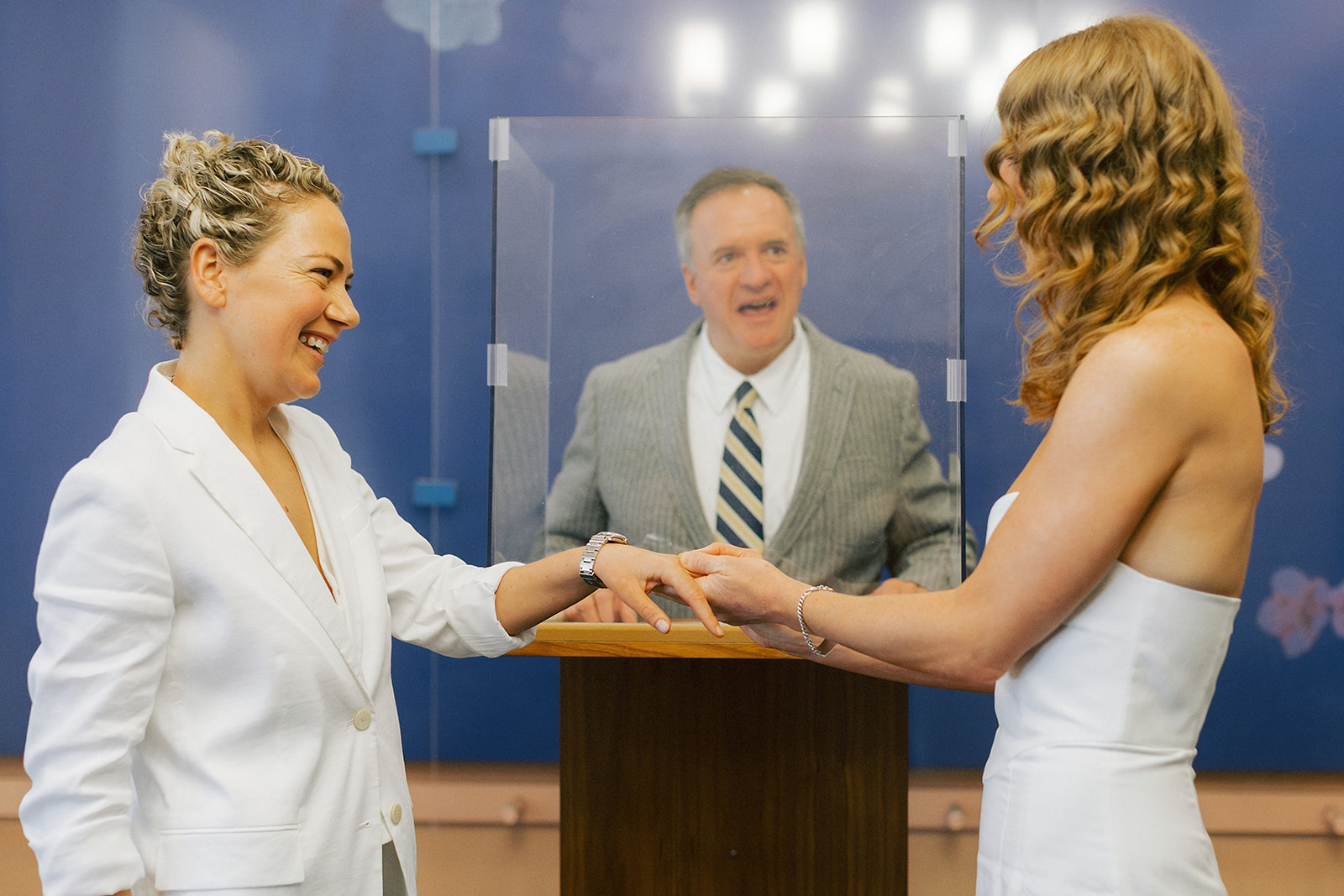 Same sex couple eloping in their civil ceremony at NYC city hall